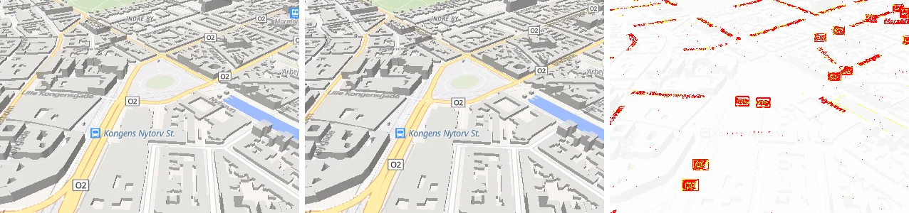 Copenhagen in 3D, drawn by MapLibre GL JS and by MapLibre Native, with a third panel marking the few pixels that differ