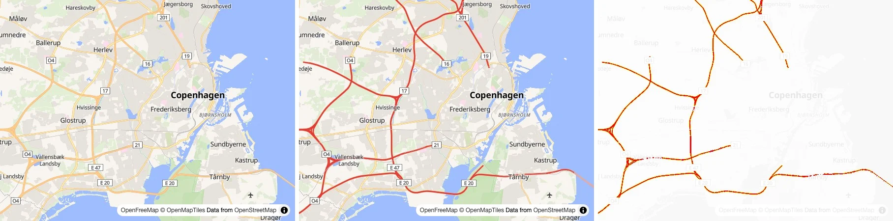 Copenhagen at zoom 10, before and after, with the motorways turned from orange to red, and a third panel where only the motorways are marked as different