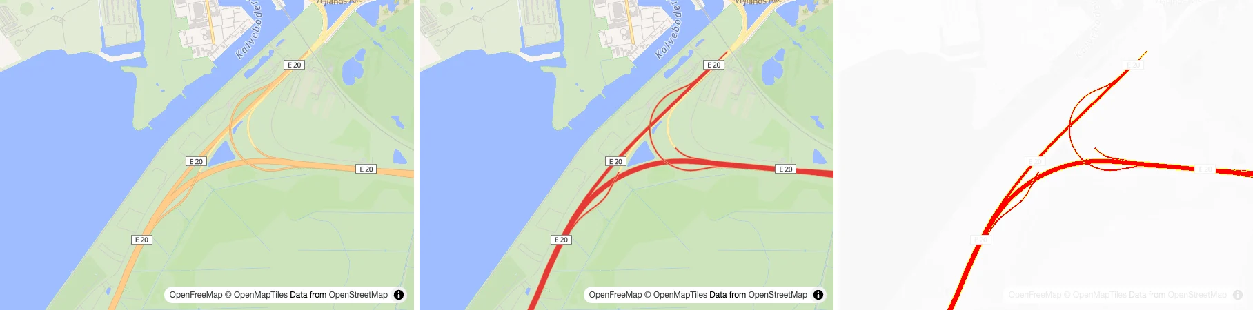 The E20 interchange on Amager at zoom 13, before and after, with the motorway and its ramps turned red